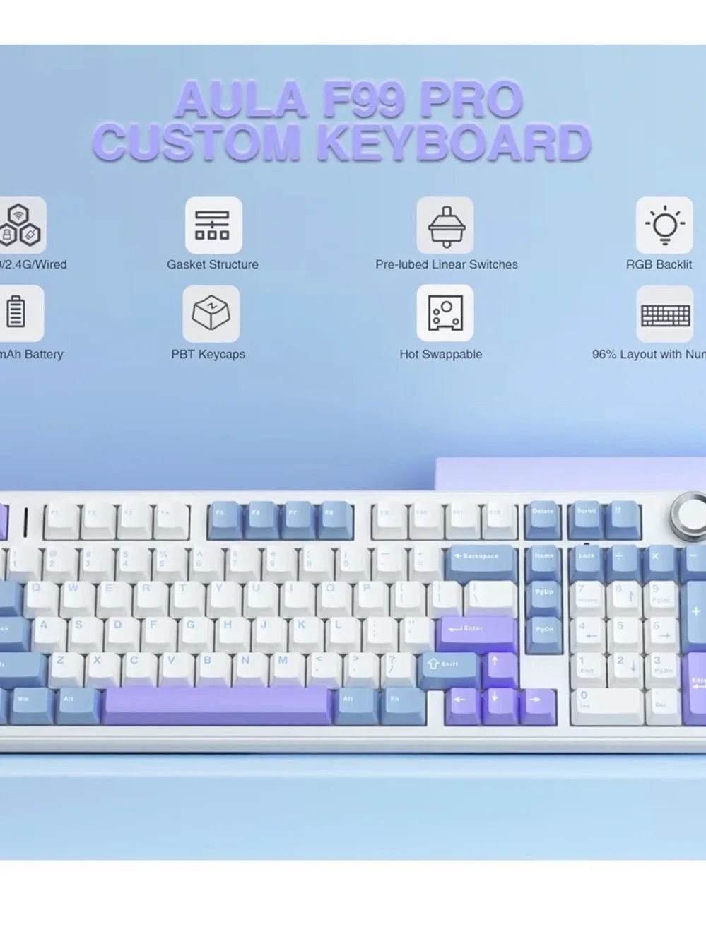 AULA F99 Pro Mechanical RGB Hot Swappable Keyboard with Knob.